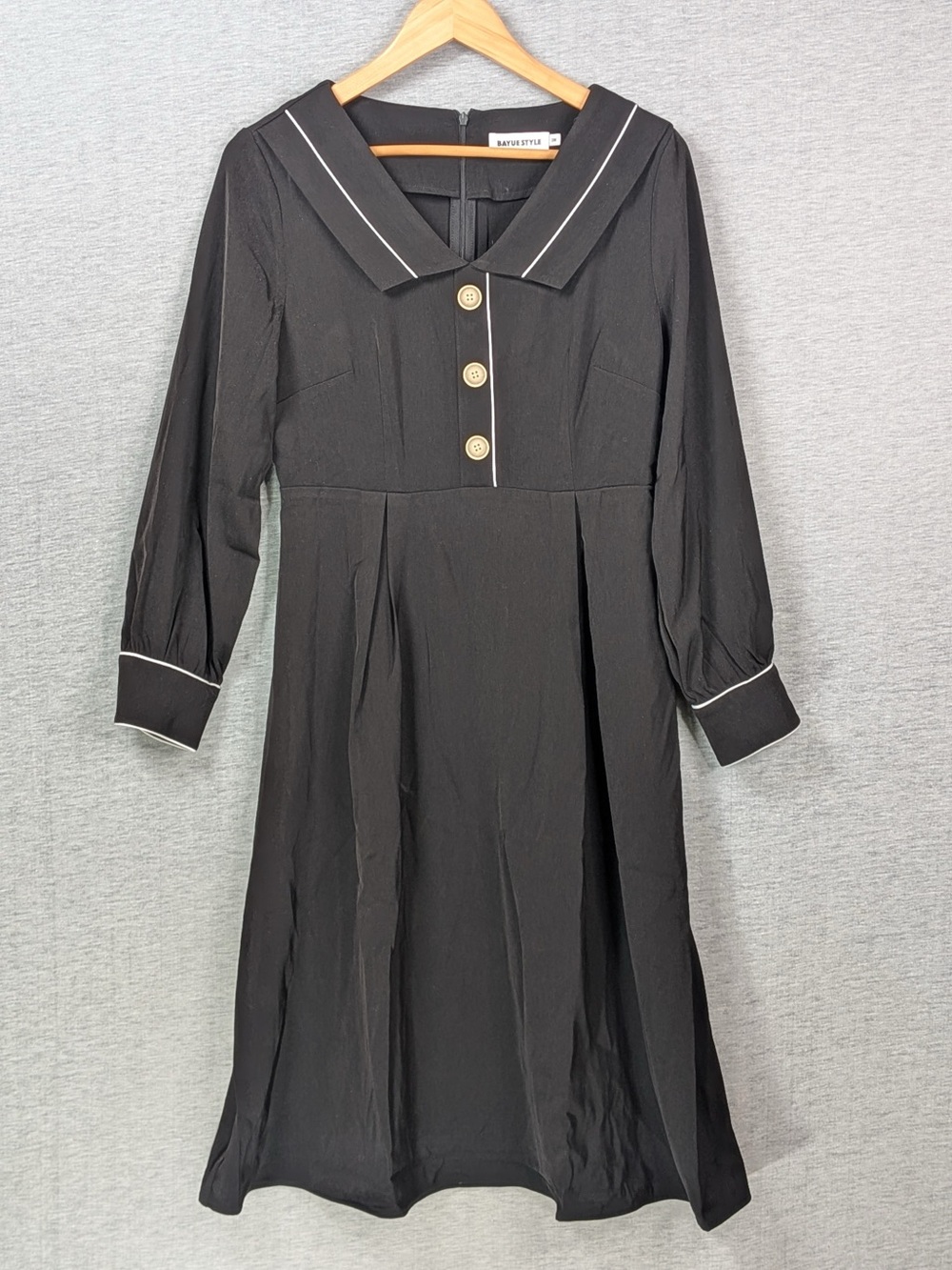 Bayue Style V-Neck Long Sleeve Midi Dress with Contrast Piping - Picture 2 of 9